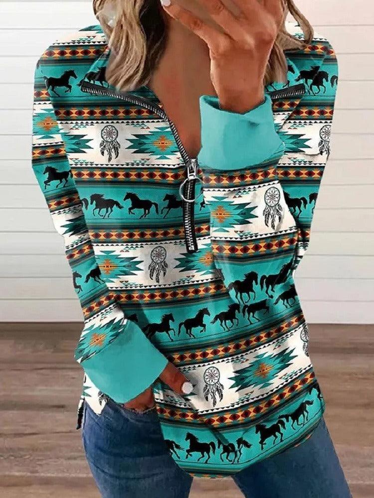 Western Style Zipper Sweater | Cowgirl Chic Pullover with Horse Print Country in My Heart