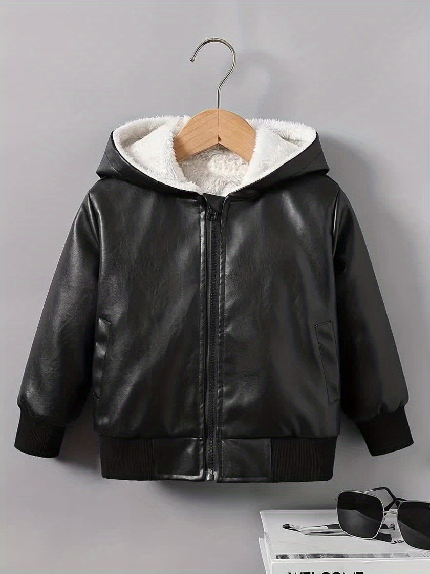 Boys' Faux Leather Jacket with Fleece Lining - Thickened Winter Coat, Full-Zip Front Closure, Machine Washable, Casual Style for Fall/Winter, Regular Fit NovaCart