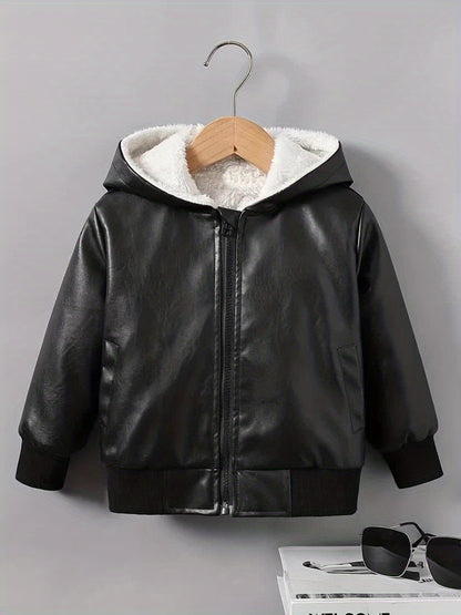 Boys' Faux Leather Jacket with Fleece Lining - Thickened Winter Coat, Full-Zip Front Closure, Machine Washable, Casual Style for Fall/Winter, Regular Fit NovaCart
