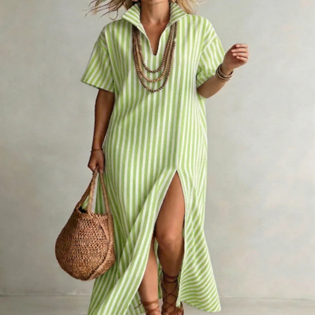 Women's Striped Slit Cotton-Linen Maxi Dress – V-Neck Short Sleeve FitiqueFit