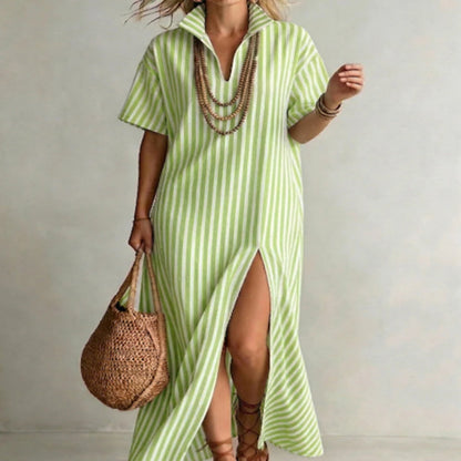 Women's Striped Slit Cotton-Linen Maxi Dress – V-Neck Short Sleeve FitiqueFit