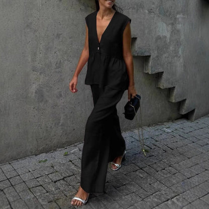 Women’s Cotton V-Neck Sleeveless Vest and Wide-Leg Pants Set FitiqueFit
