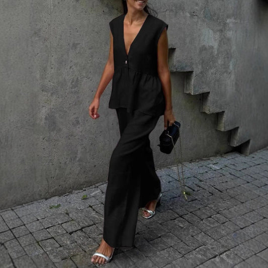 Women’s Cotton V-Neck Sleeveless Vest and Wide-Leg Pants Set FitiqueFit