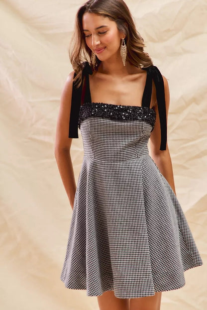 SO ME Houndstooth Fit Flare Mini Dress with Shoulder Tie West2East Surf