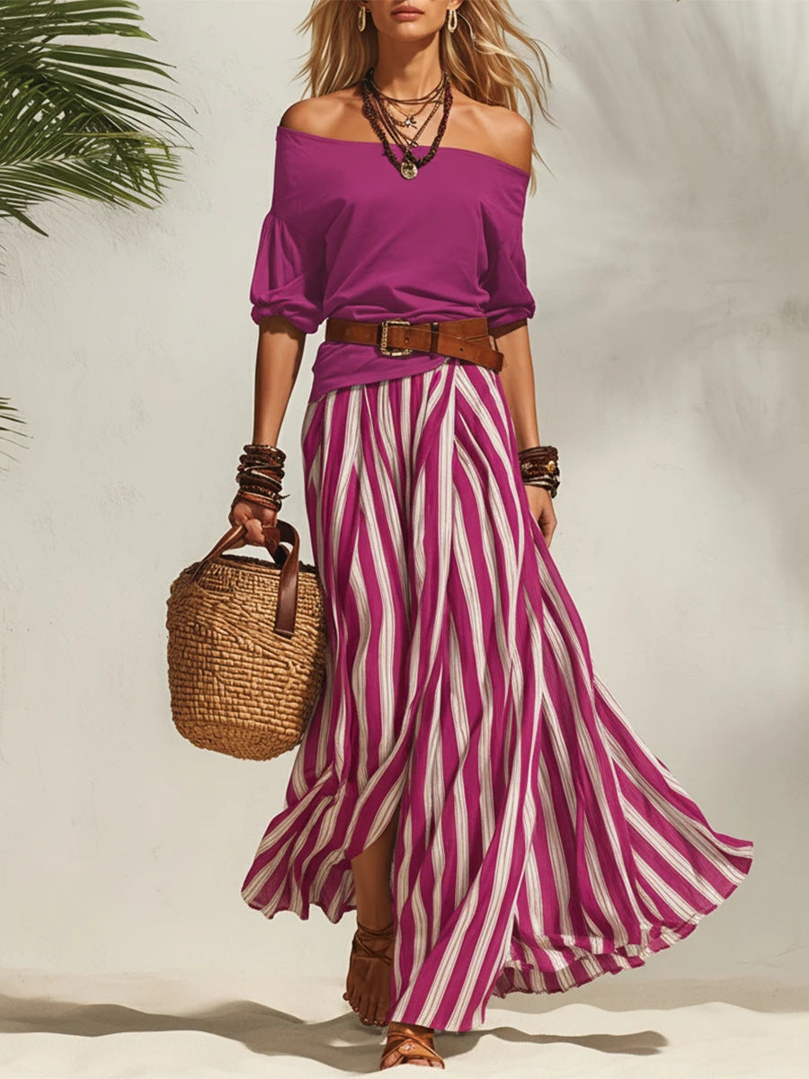 Women's Off-Shoulder Top & Slit Maxi Skirt Set FitiqueFit