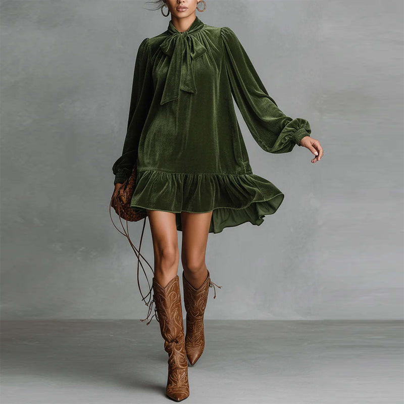 Women’s Bow-Tie Puff Sleeve Dress – Elegant Asymmetric Ruffle Hem Short Dress FitiqueFit