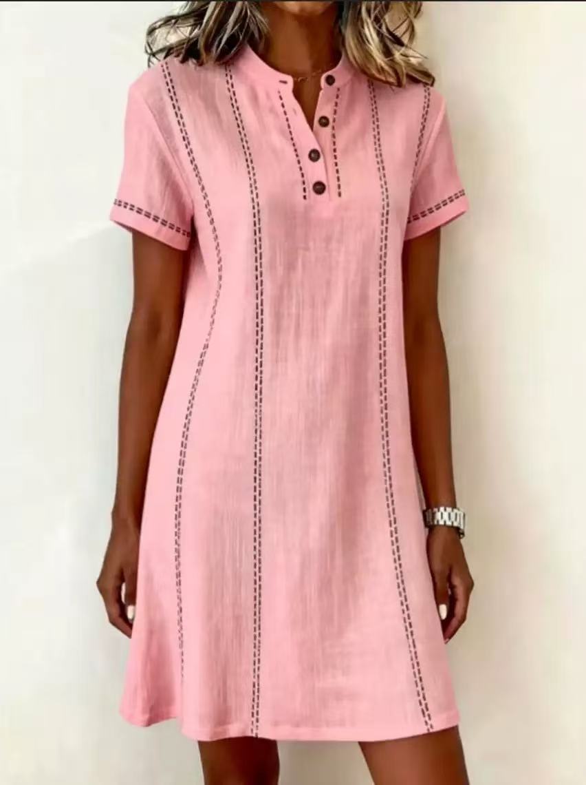 Women's Printed Button-Up Stand Collar Midi Dress – 3/4 Sleeve Loose Fit FitiqueFit