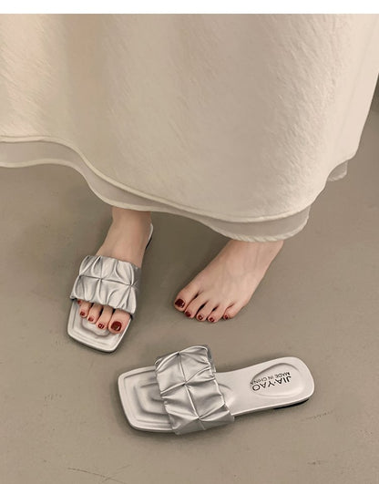 Minimalist Pleated Flat Slide Sandals – Square Toe Faux Leather FitiqueFit