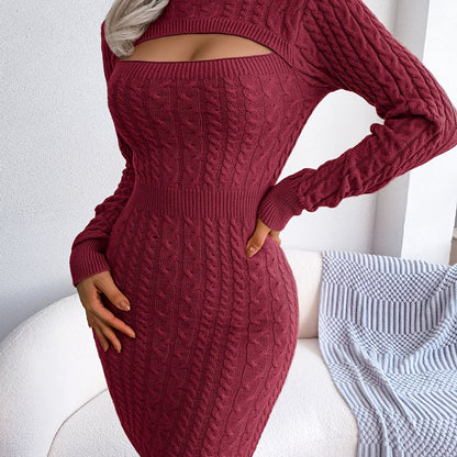 Solid Ribbed Knit Keyhole Dress, Elegant Crew Neck Long Sleeve Bodycon Dress, Women's Clothing NovaCart