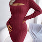 Solid Ribbed Knit Keyhole Dress, Elegant Crew Neck Long Sleeve Bodycon Dress, Women's Clothing NovaCart