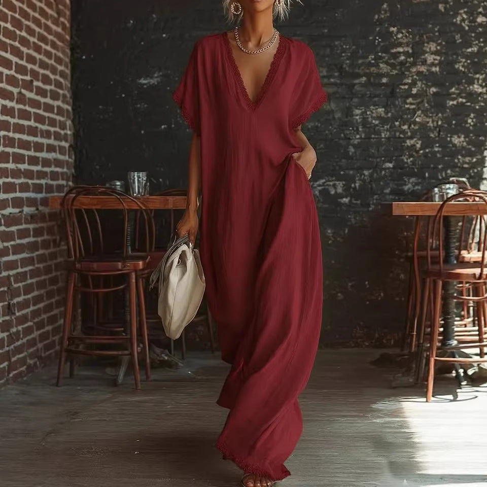 Lace-Trimmed Loose Linen Cotton Long Dress for Women FitiqueFit