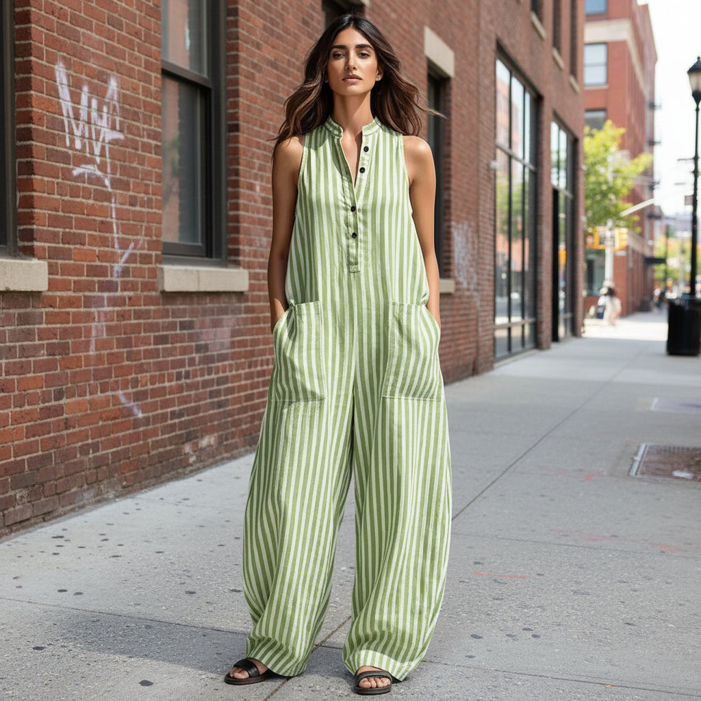 V-Neck Sleeveless Striped Loose Cropped Jumpsuit | 3 Colors S–3XL FitiqueFit