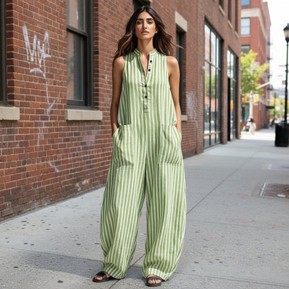 V-Neck Sleeveless Striped Loose Cropped Jumpsuit | 3 Colors S–3XL FitiqueFit