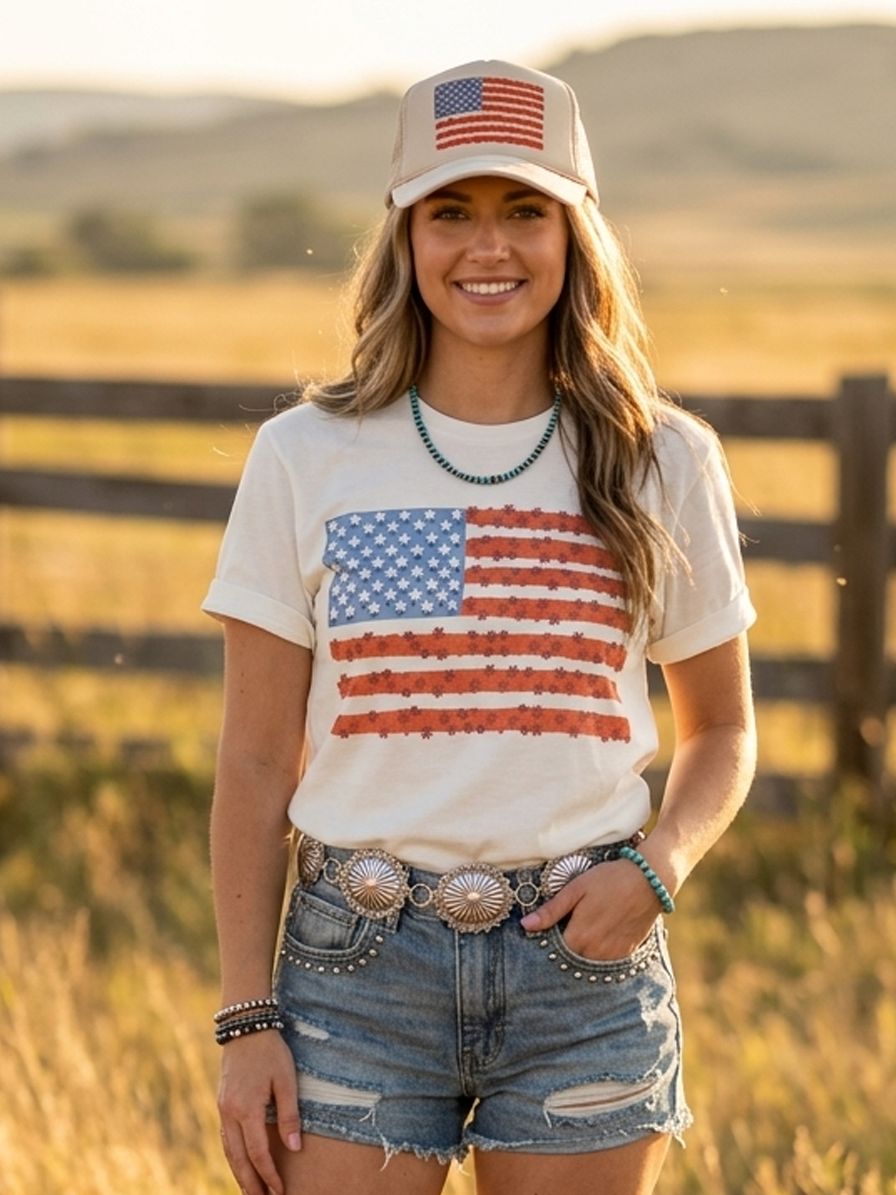 Floral American Flag Graphic Tee Wild Junkie