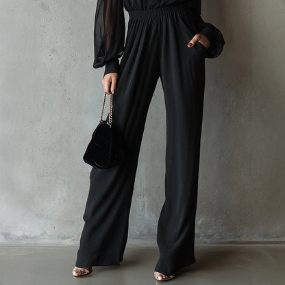 Black Embroidered Women’s Long-Sleeve Wide-Leg Jumpsuit FitiqueFit