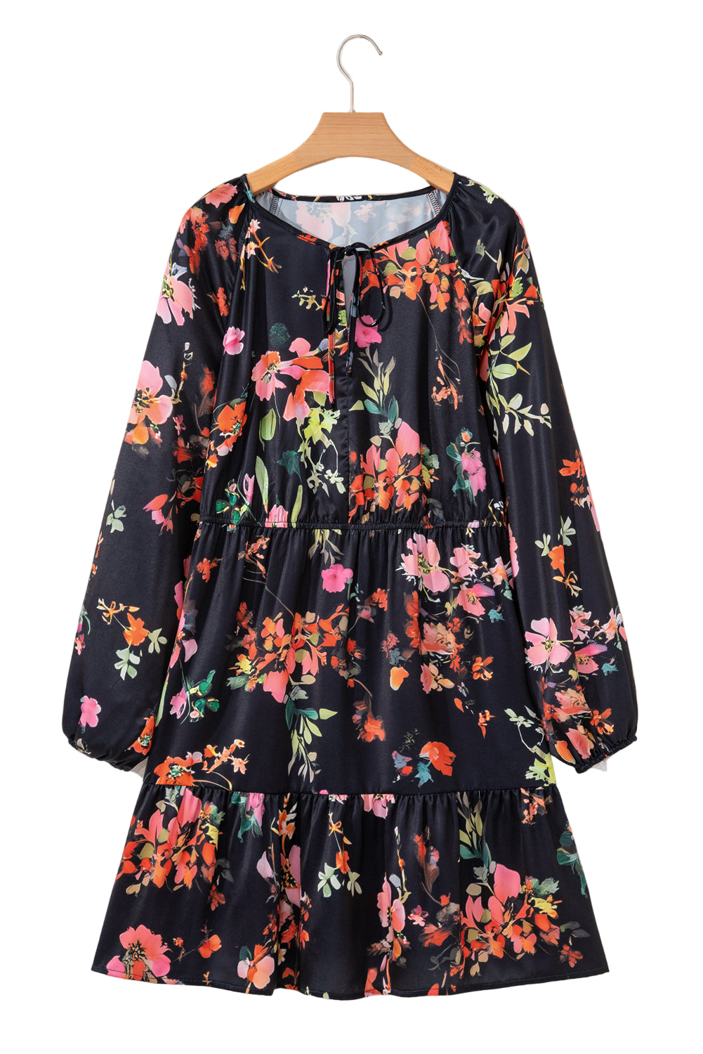 Black Plus Size Floral Print Tie Neck Cinched Waist Long Sleeve Mini Dress Garden Naked Curves