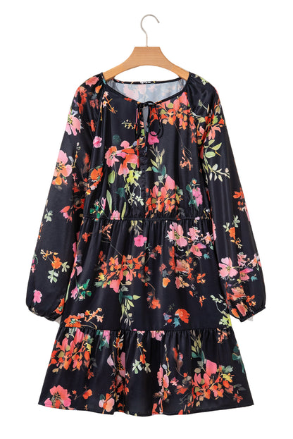 Black Plus Size Floral Print Tie Neck Cinched Waist Long Sleeve Mini Dress Garden Naked Curves