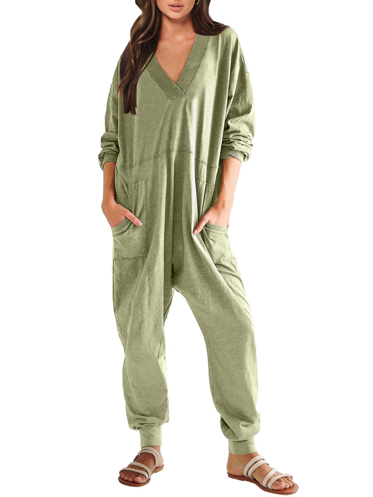 Women’s V-Neck Long Sleeve Solid Color Loose Jumpsuit With Two Side Pockets FitiqueFit