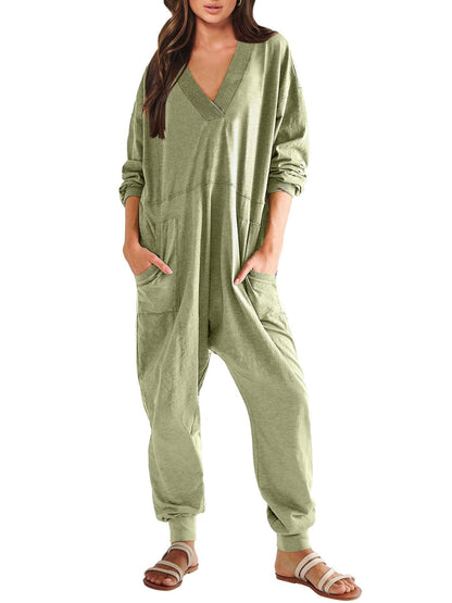 Women’s V-Neck Long Sleeve Solid Color Loose Jumpsuit With Two Side Pockets FitiqueFit
