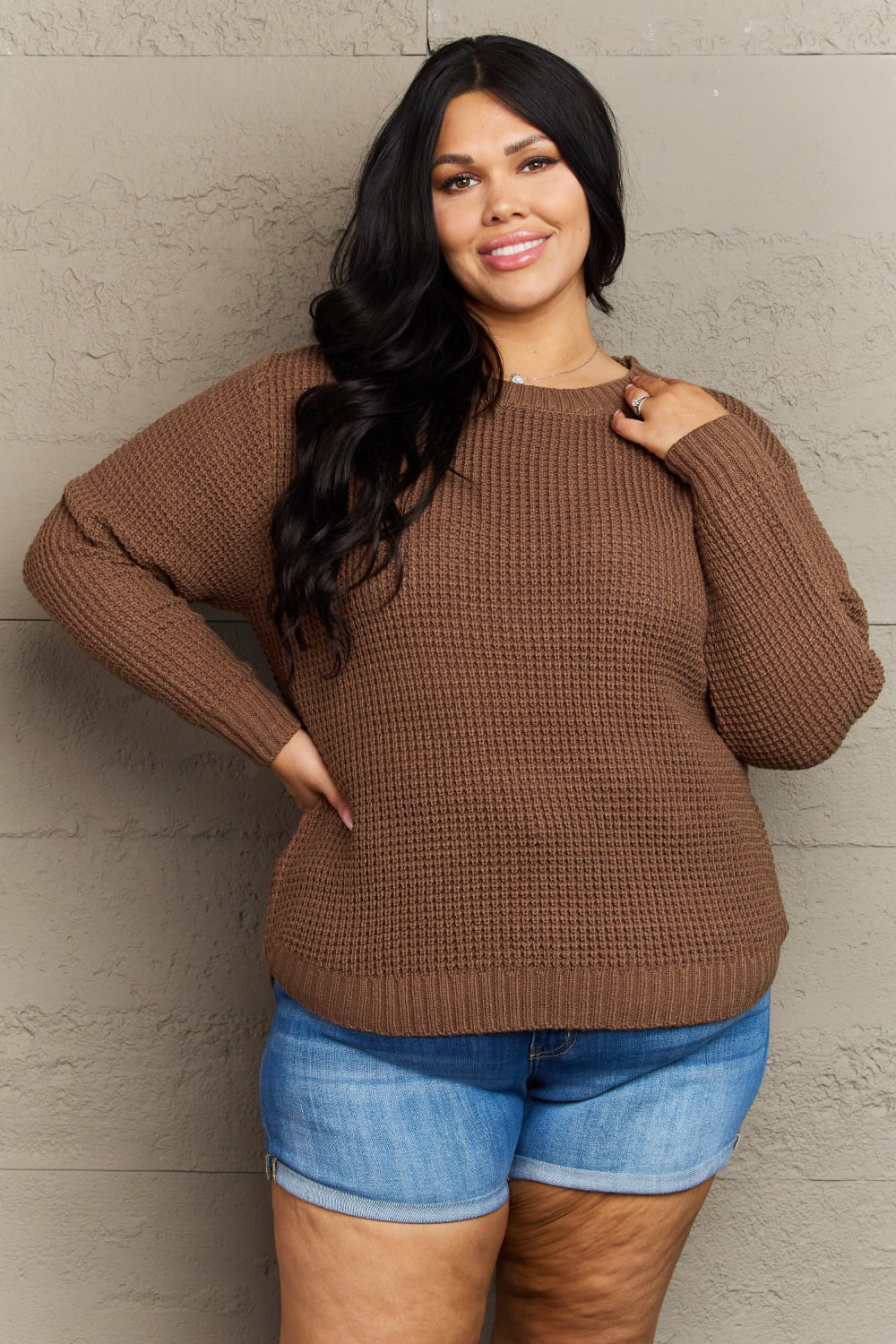 Zenana Breezy Days Plus Size High Low Waffle Knit Sweater Garden Naked Curves