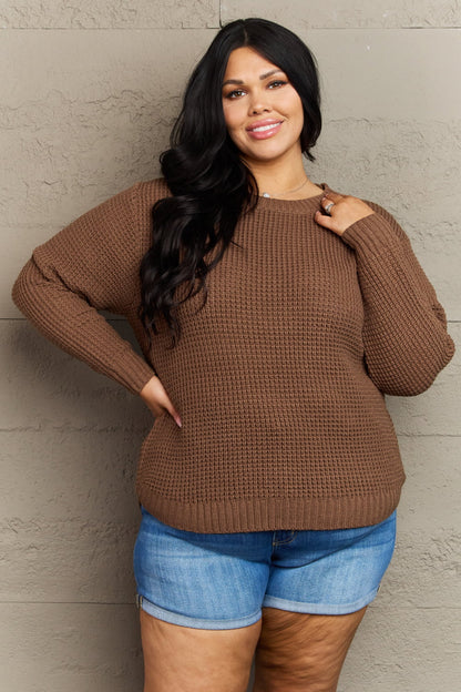 Zenana Breezy Days Plus Size High Low Waffle Knit Sweater Garden Naked Curves