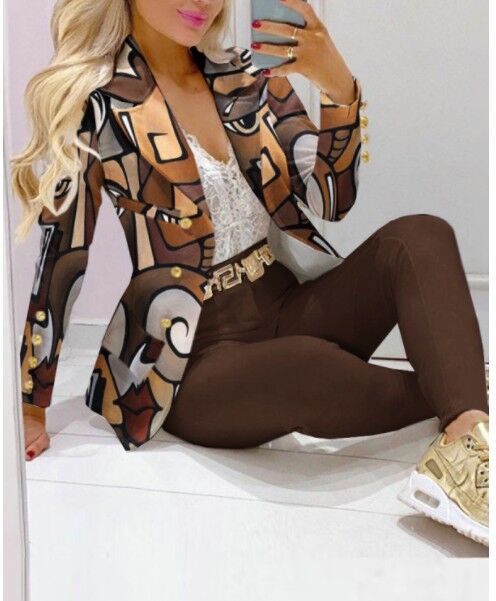 Women's Printed Coat & Trousers Two-Piece Set – 19 Prints, Casual Fashion Suit FitiqueFit