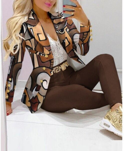 Women's Printed Coat & Trousers Two-Piece Set – 19 Prints, Casual Fashion Suit FitiqueFit