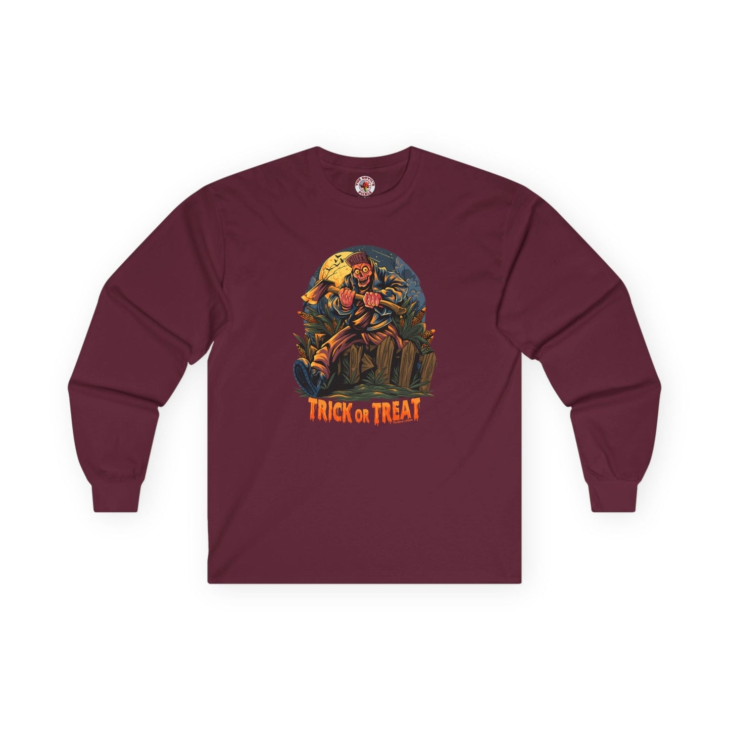 Axe Wielding Zombie Trick or Treat Long Sleeve Tee The Devil's Pickle