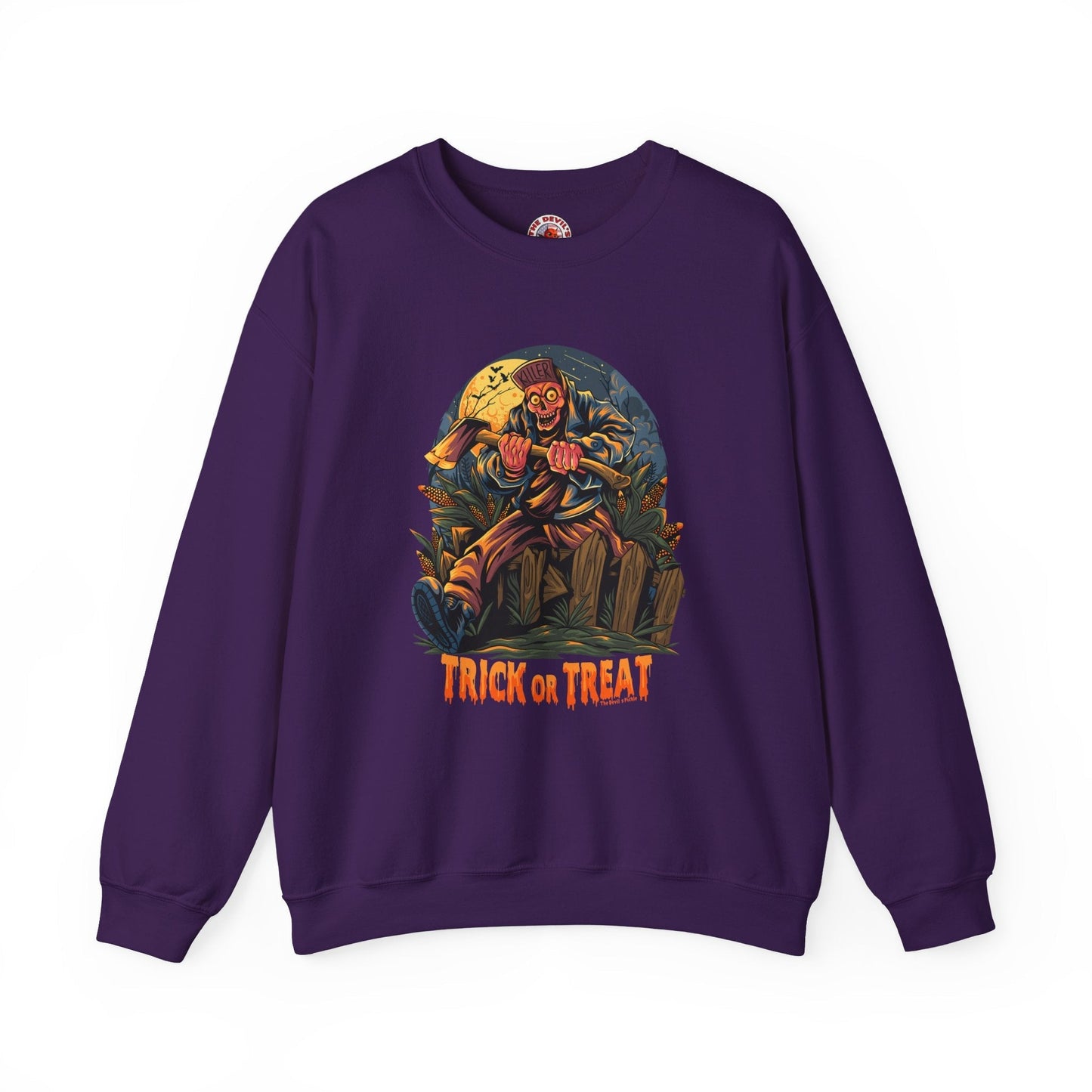 Axe Wielding Zombie Trick or Treat Crewneck Sweatshirt The Devil's Pickle