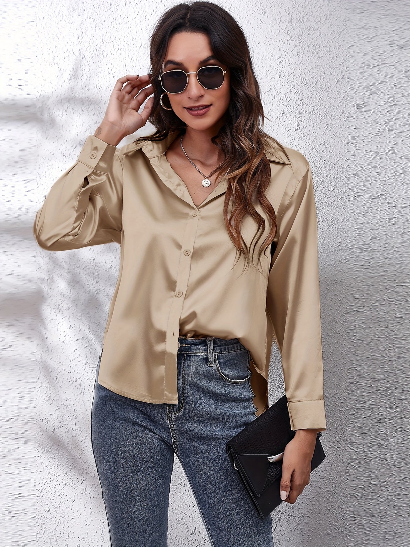 Hot Style In-Kind Shooting Satin Shirt Women'S Satin Imitation Long-Sleeved Shirt New European And American Cross-Border Women'S Clothing NovaCart