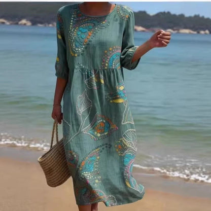 Women's 3D Floral Print Long-Sleeve A-Line Dress – Crew Neck Loose Fit FitiqueFit