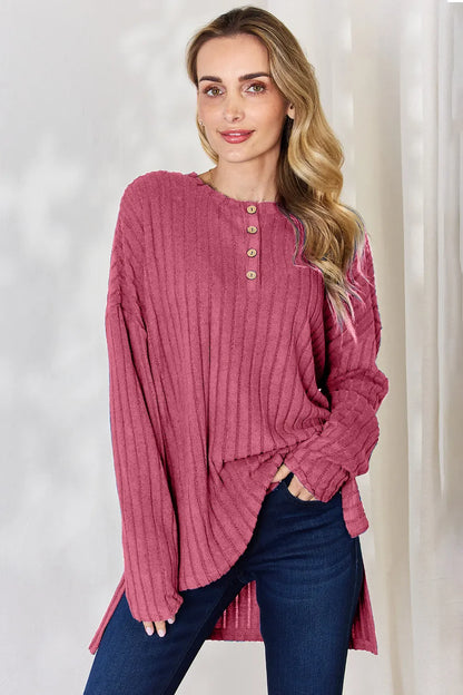 Basic Bae Full Size Ribbed Half Button Long Sleeve High-Low T-Shirt New Era Fashion LLc