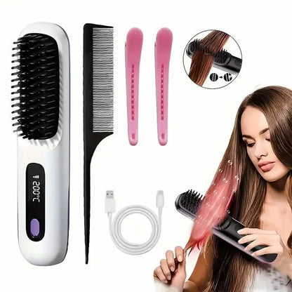 Portable Wireless Hair Straightener Comb – USB Rechargeable, 3-Speed, Negative Ion DailySale