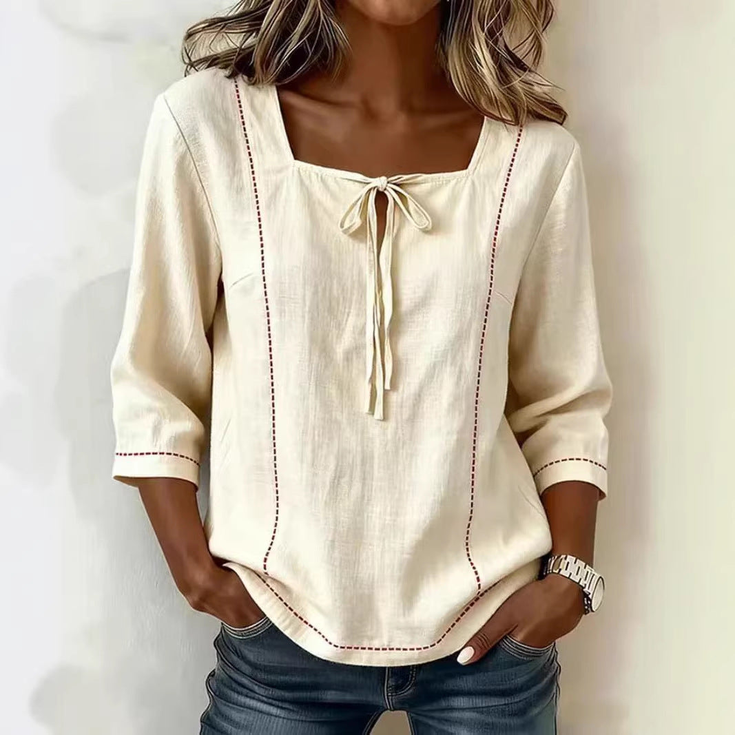 Printed Lace-Up Square-Neck Shirt – Three-Quarter Sleeve, Ramie FitiqueFit