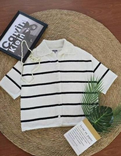 Women’s Knit Button Cardigan with Striped Short Sleeves FitiqueFit