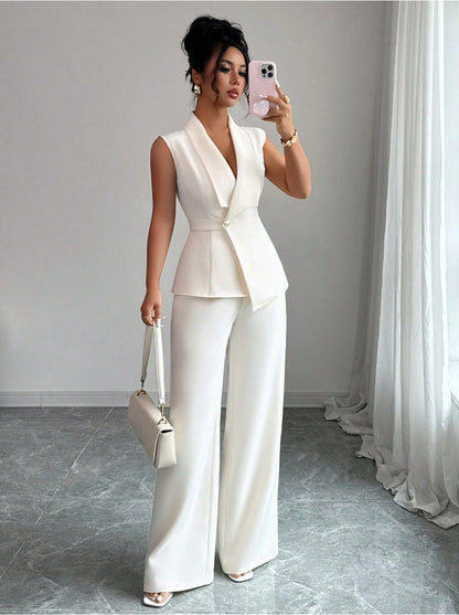 Women's Sleeveless Blazer & Straight-Leg Pants Two-Piece Set FitiqueFit