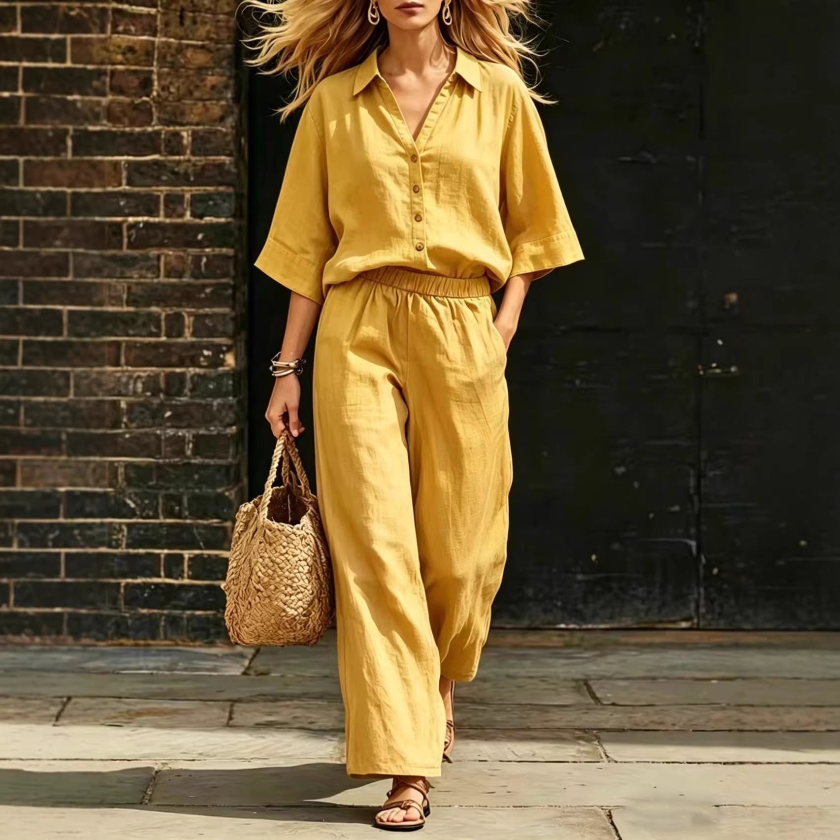 Short-Sleeve Shirt & Loose Pants Set – Casual Two-Piece FitiqueFit