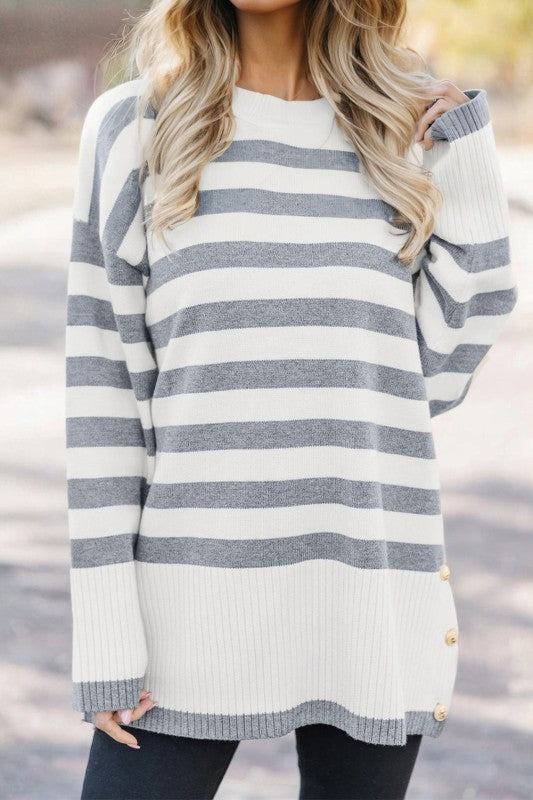 Stripe Ribbed Side-Button Drop Shoulder Sweater Shop Style & More | Fresh Looks, Everyday Deals & Free Shipping