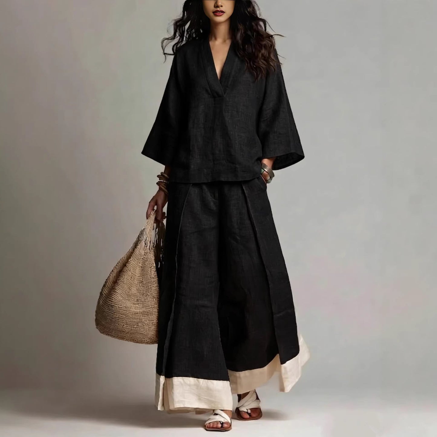 Women's Cotton-Linen V-Neck 3/4 Sleeve Shirt & Wide-Leg Pants Set FitiqueFit