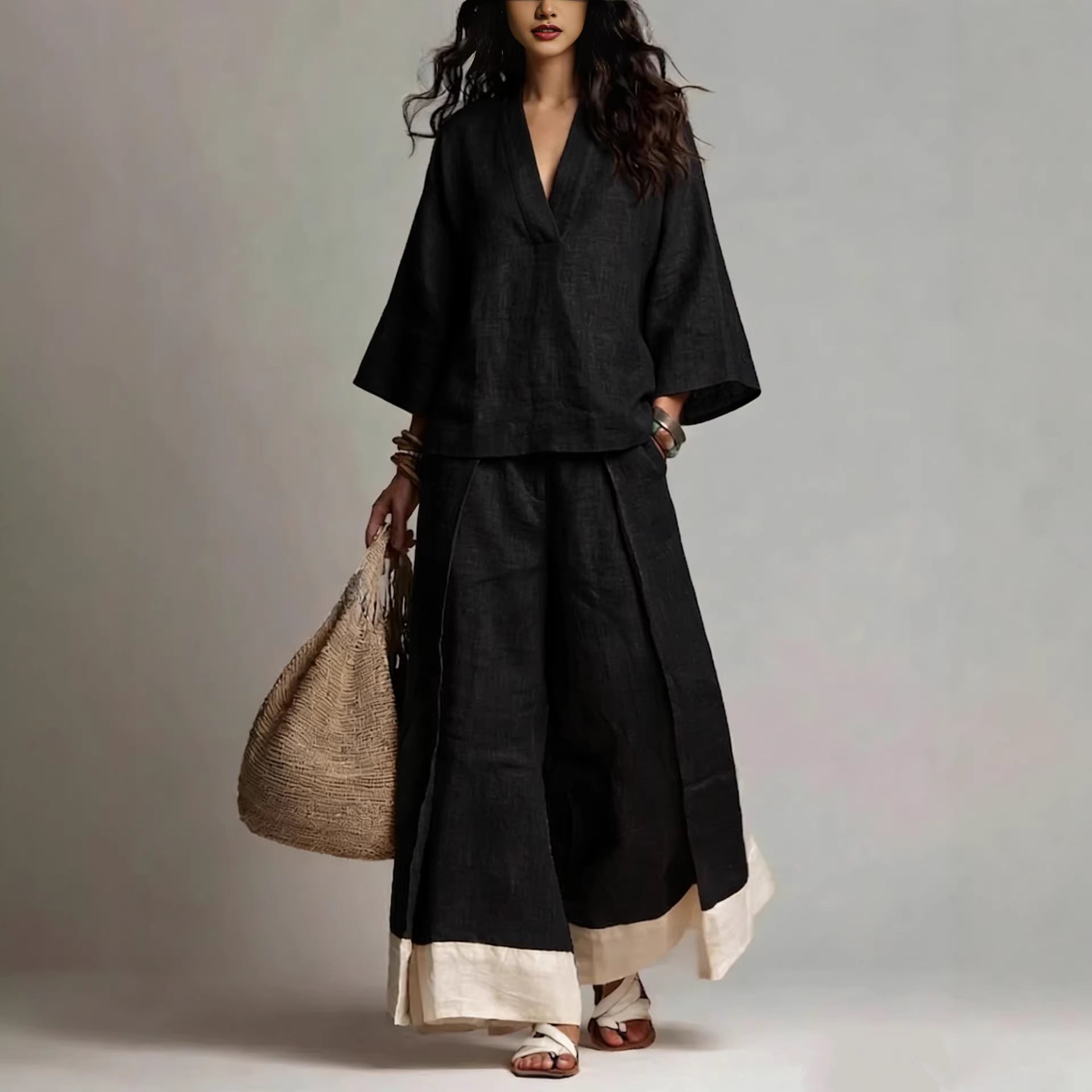 Women's Cotton-Linen V-Neck 3/4 Sleeve Shirt & Wide-Leg Pants Set FitiqueFit