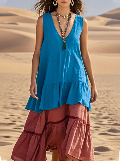 Women's Sleeveless Color-Block Patchwork Maxi Dress – V-Neck FitiqueFit