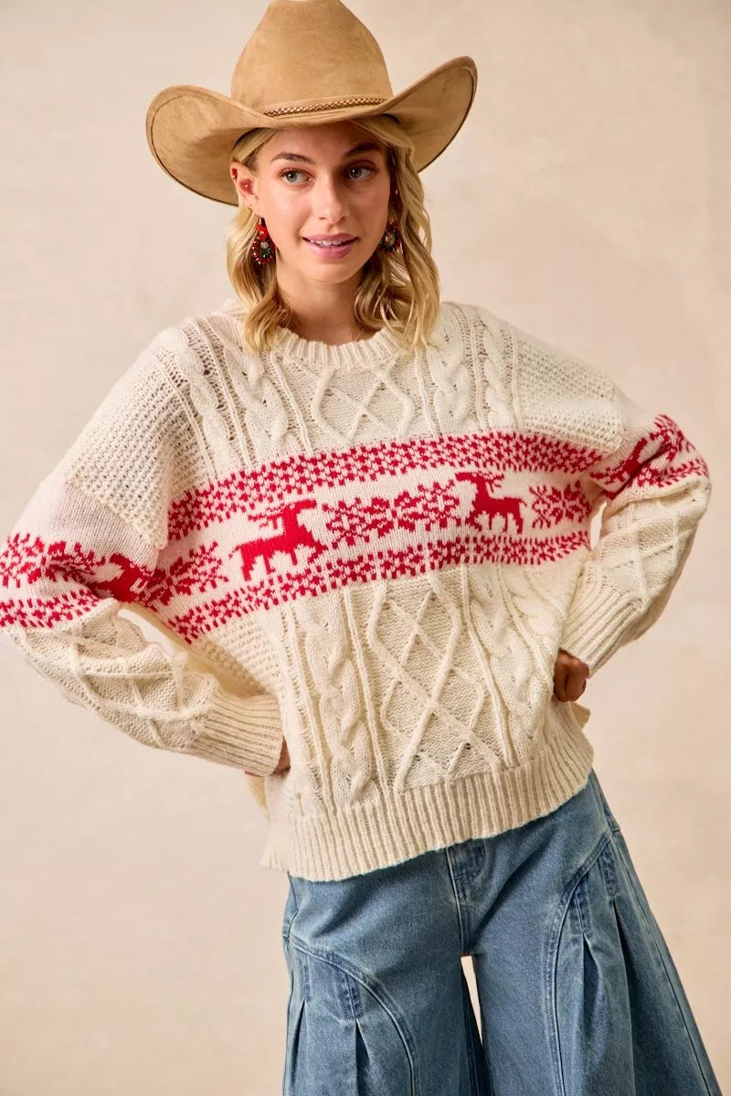 BiBi Christmas Theme Patterned Cable Knit Sweater FitiqueFit