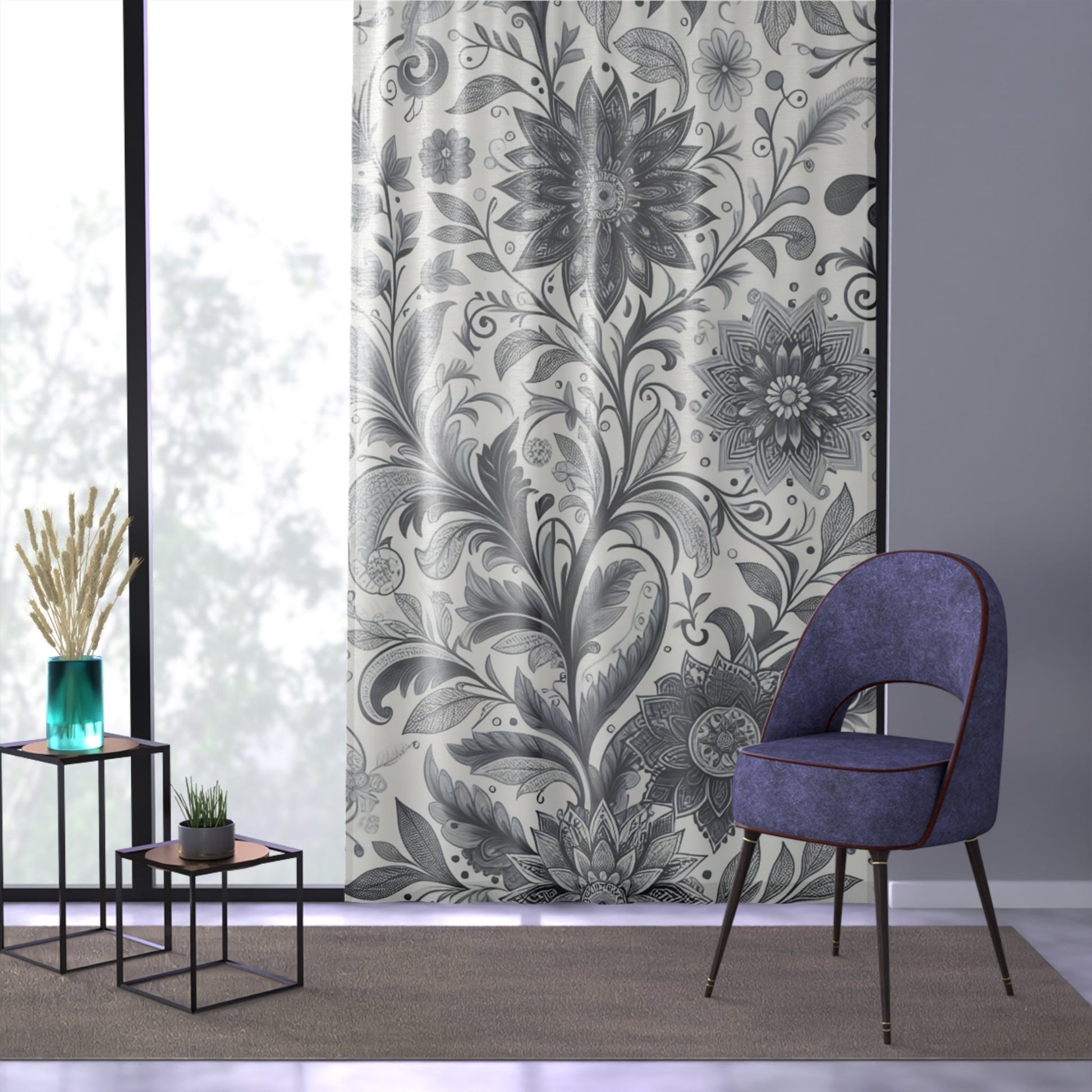 Elegant Floral Window Curtain, Black and White Decor, Home Accessories, Living Room Drapes, Bedroom Curtains, Modern and Chic Grayceful LLC
