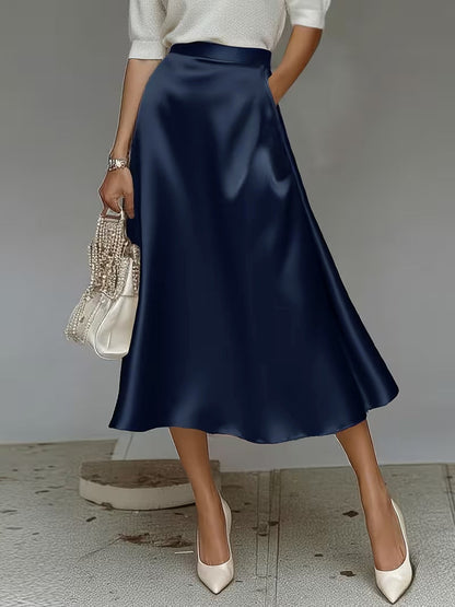 Women's Satin Solid Color Mid-Length Skirt – Slight Stretch FitiqueFit
