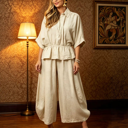 Women's Plus Size Belted Shirt & Wide-Leg Pants Two-Piece Set FitiqueFit
