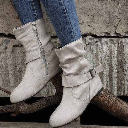 Ankle Boots  Round Toe Buckle Belt Side Zipper Boots