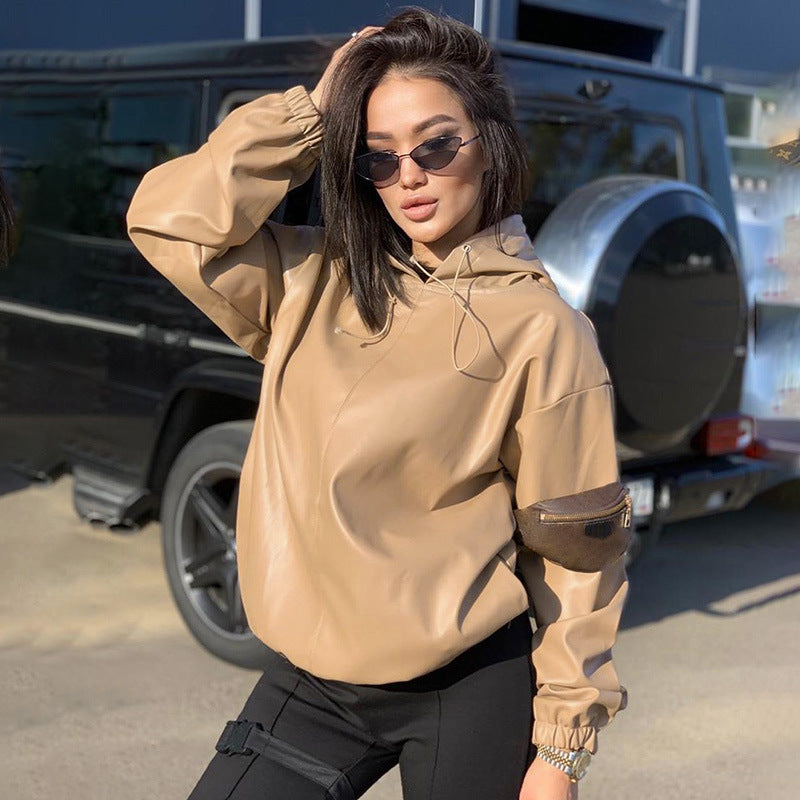Women's Leather Versatile Round Neck Hoodie See size chart under “more details” The Fashion Celestial
