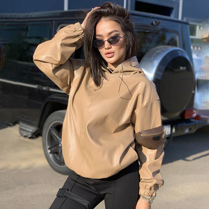 Women's Leather Versatile Round Neck Hoodie See size chart under “more details” The Fashion Celestial