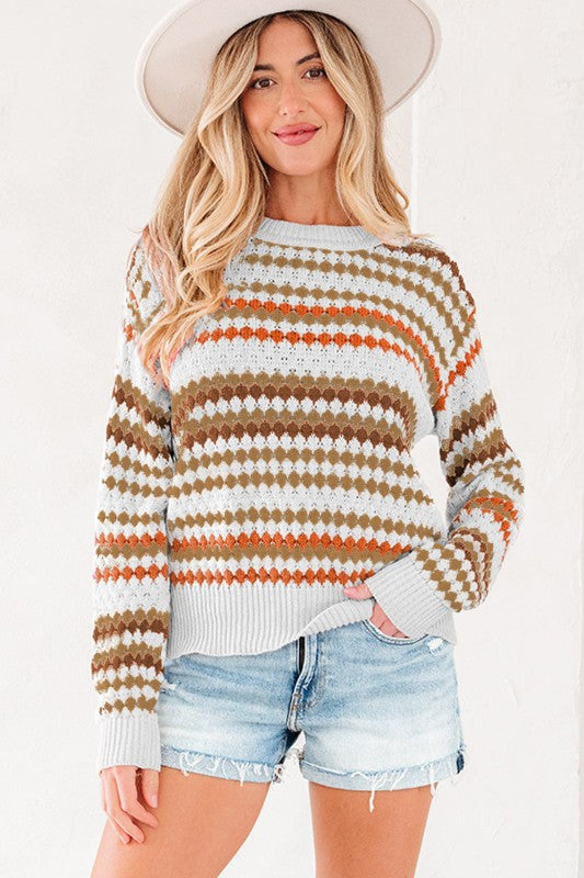 Stripe Eyelet Knit Drop Shoulder Sweater Shop Style & More | Fresh Looks, Everyday Deals & Free Shipping