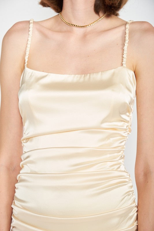 RUCHED SATIN SPAGHETTI STRAP MINI DRESS See size chart under “more details” The Fashion Celestial